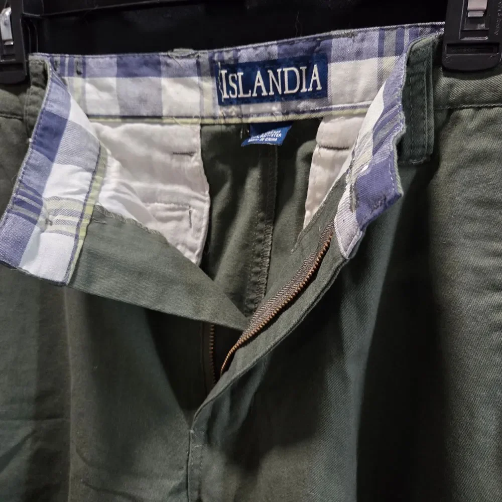 Islandia Mens Coastal Chino Shorts Cotton Blend Casual Sage Flat Front Sz 34